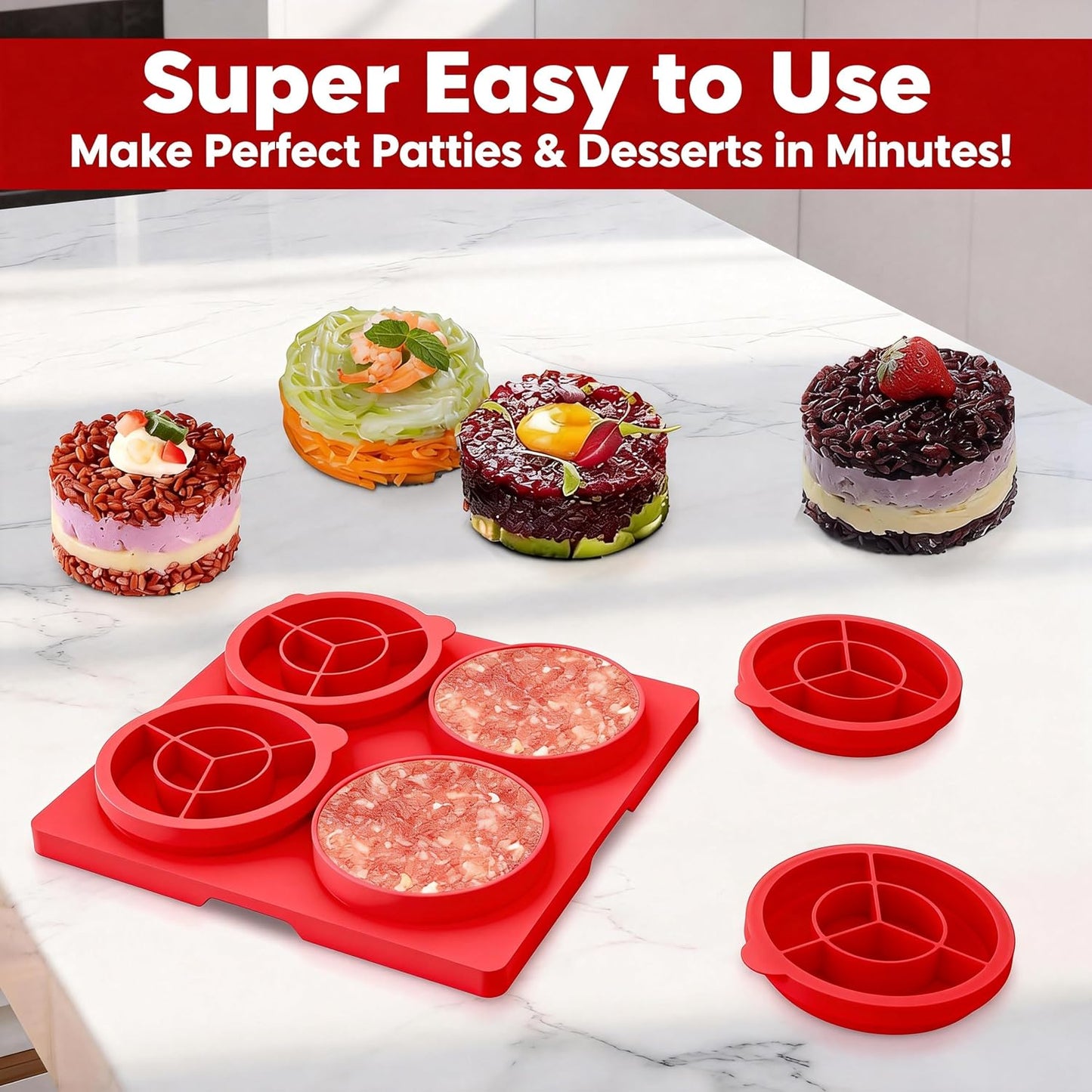 Silicone Burger Press for 4.5" 1/4 LB Patties,4-in-1 Hamburger Patty Maker for Kitchen & BBQ, Non-Stick Mold for Beef,Turkey,Chicken,Pork & Vegetable Blends,Dishwasher & Freezer Safe