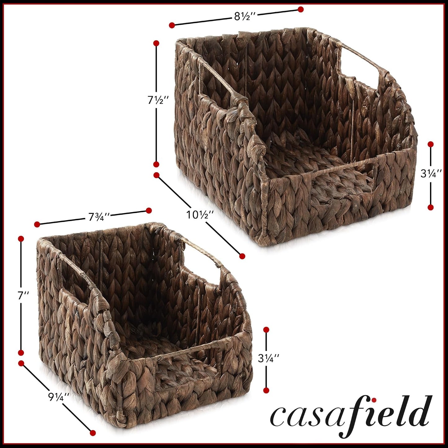Casafield Set of 2 Water Hyacinth Pantry Baskets with Handles - Espresso, Woven Storage Bin Organizers for Kitchen Shelves, Medium and Large Sizes