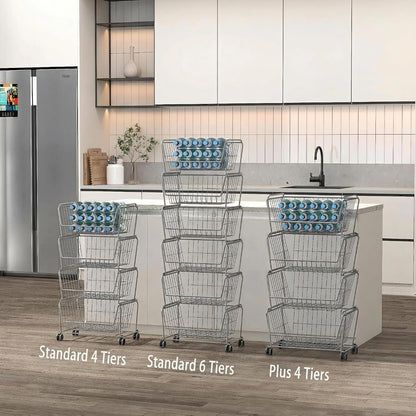 PUSDON 4-Tier Spacious Stackable Wire Storage Baskets with Wheels, Metal Rolling Utility Cart Organizer, Fruit and Vegetable Produce Basket for Kitchen Pantry, Everyday Bathroom Shelf, Silver Grey