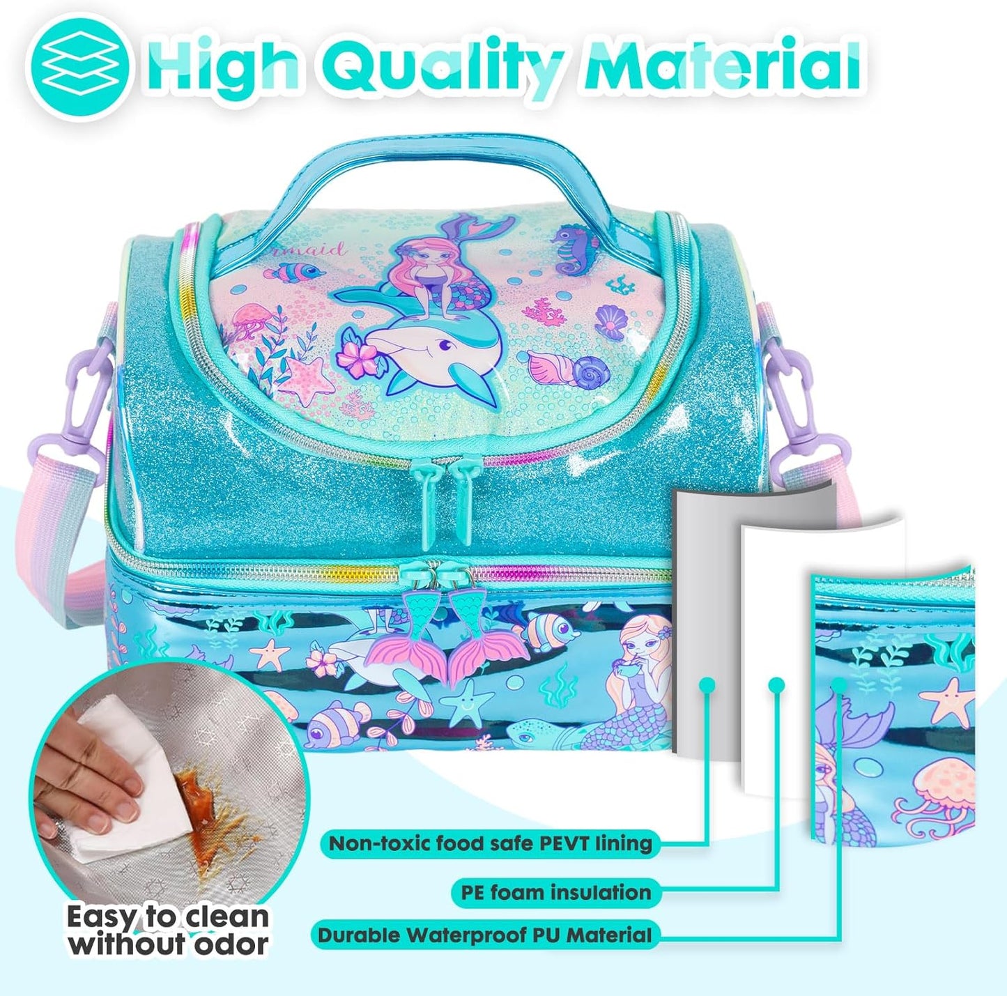 Kids Double Decker Cooler Insulated Lunch Bag, Back to School Large Meal Tote for Boys, Girls, Men, Women, with Adjustable Strap, Soccer
