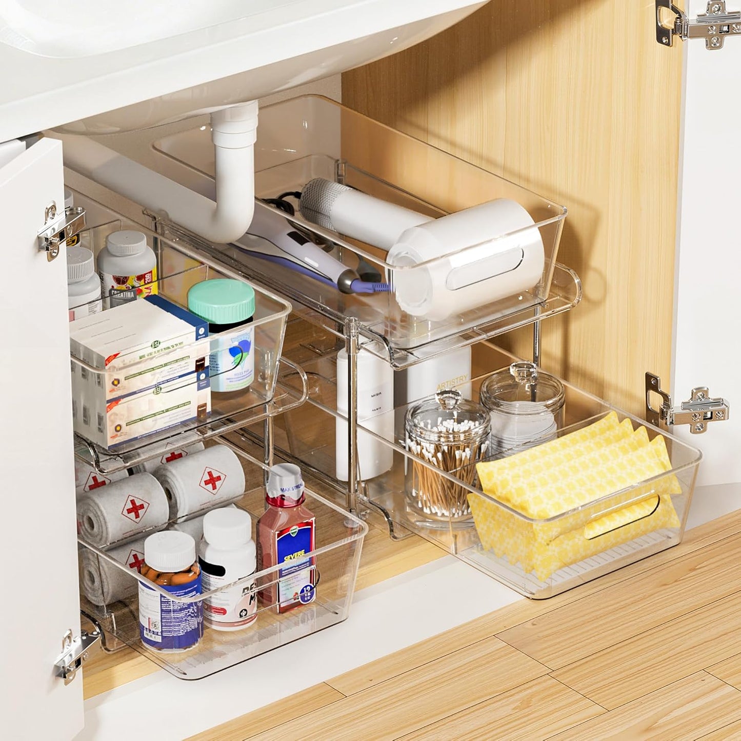 Vtopmart 4 Pack Bathroom Under Sink Organizers Organizer, 2 Tier Clear Pull-Out Organization (S-Standard)