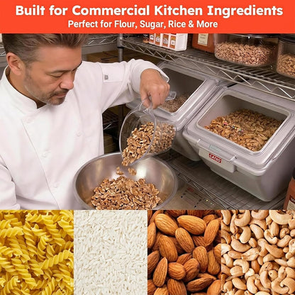 2.6 Gallon / 42 Cup Commercial Shelf Ingredient Bin with Scoop, Stackable Food Storage Container with Clear Flip Lid, Built-in FIFO Label and One-Hand Access for Flour Sugar Rice
