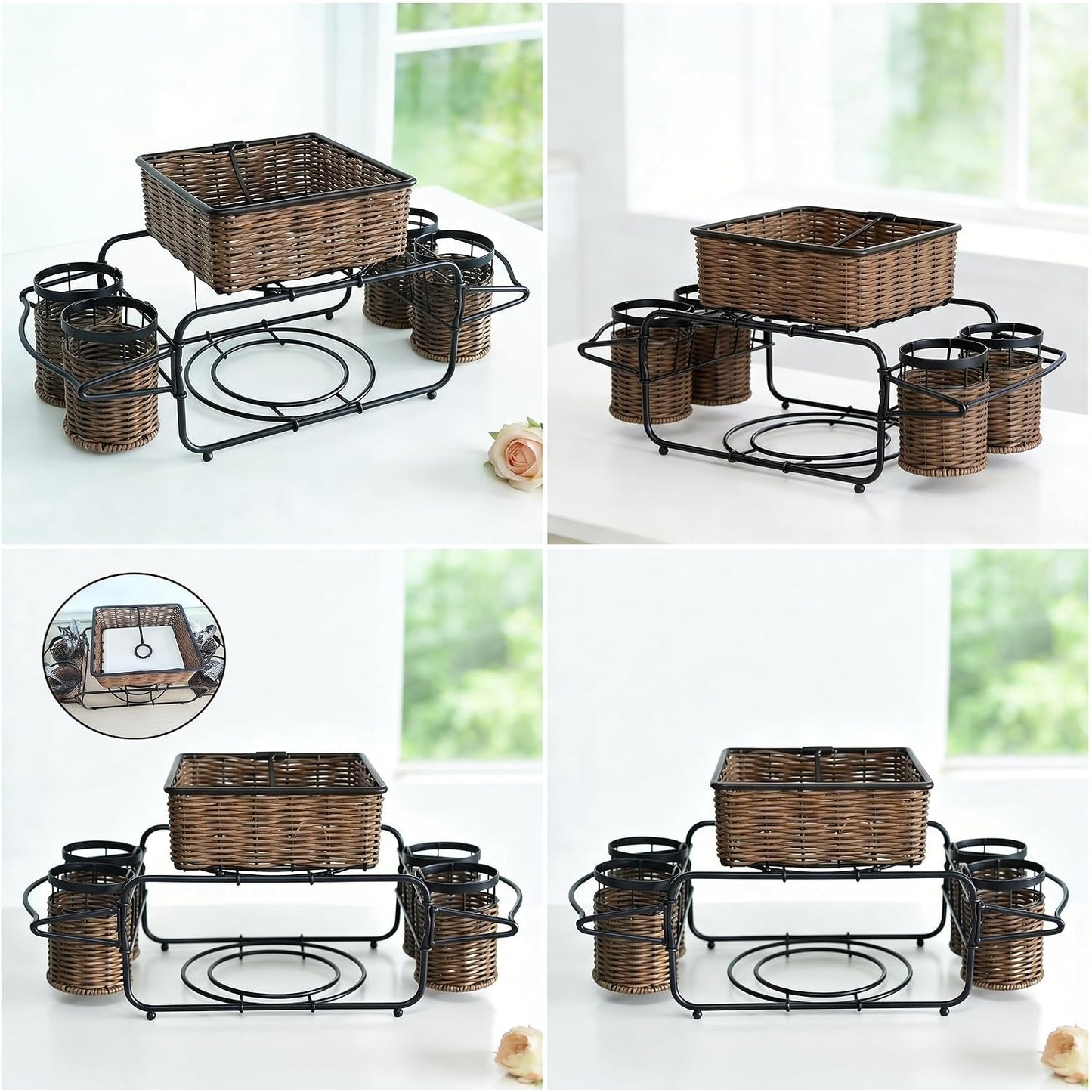 Woven Utensil Caddy with Napkin Holder, Countertop Organizer for Cutlery, Condiments, Picnic & Party SuppliesUtensils, Napkins - Ideal for Kitchen, Dining, Entertaining, Parties, Picnics