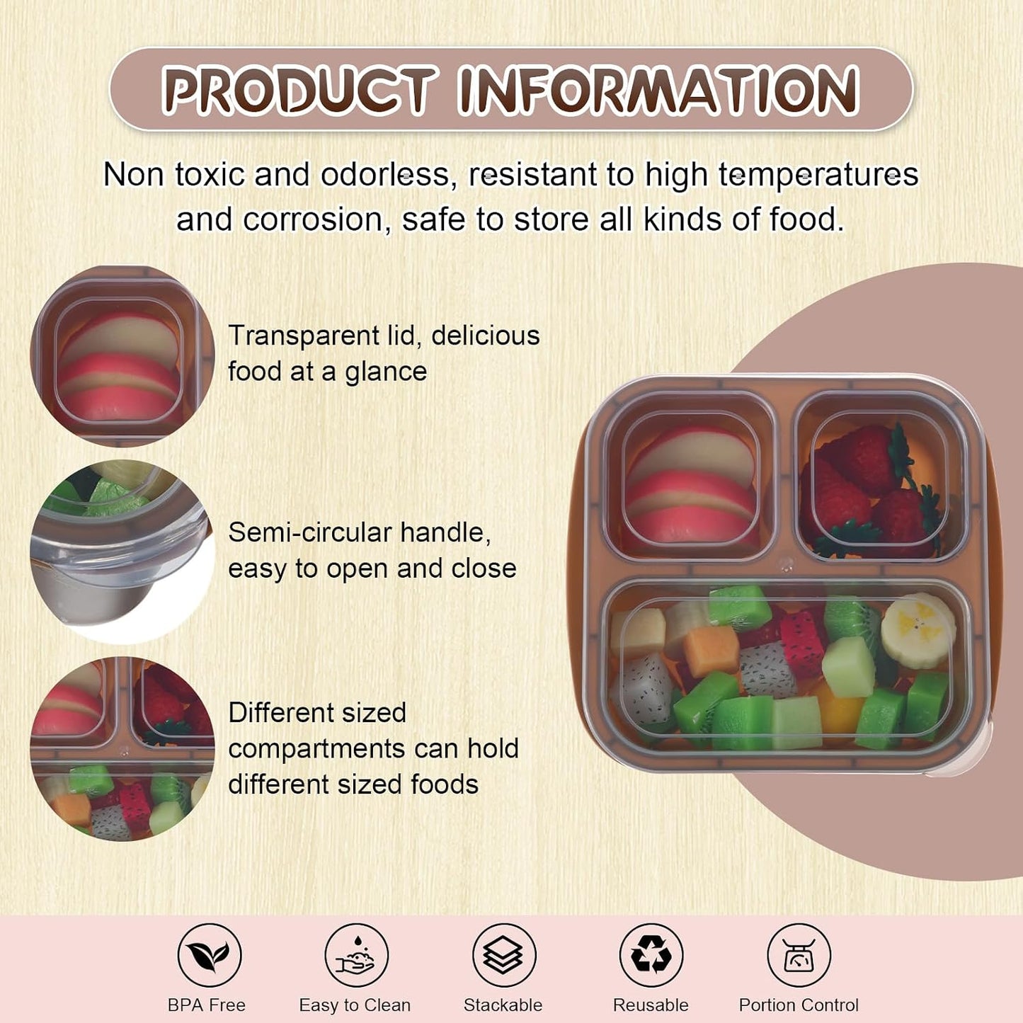 Honeydak 5 Pack Snack Containers 3 Compartment Bento Snack Boxes Divided Meal Prep Containers with Lids Reusable Adults Lunch Food Storage Box for School Work Travel(Elderberry)
