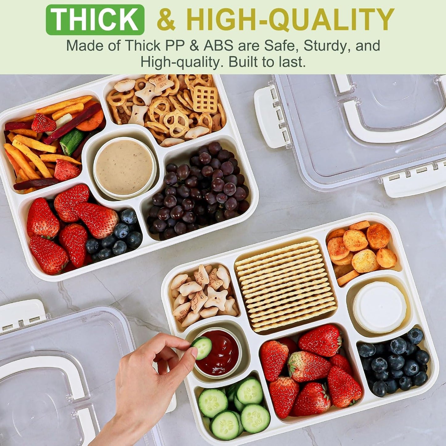 Caperci Snackle Box Container with 2 Sauce Cups - Large 8-Compartment Divided Serving Tray with Lid & Handle, Portable Snack Tray for Travel, Hold 10 Cups, Leak-Proof, Dishwasher Safe, BPA-Free