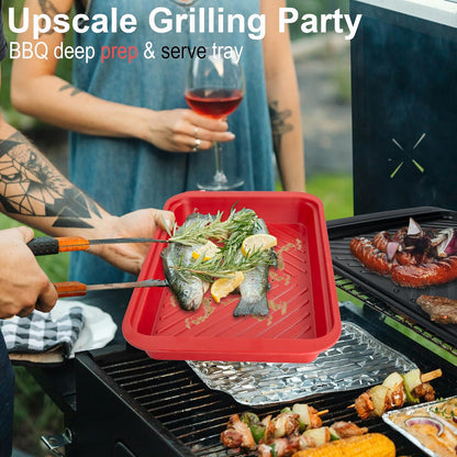 ECOIOU Grilling Prep and Serving Tray with Lid Set and Large Grilling Prep Trays, Black and Red