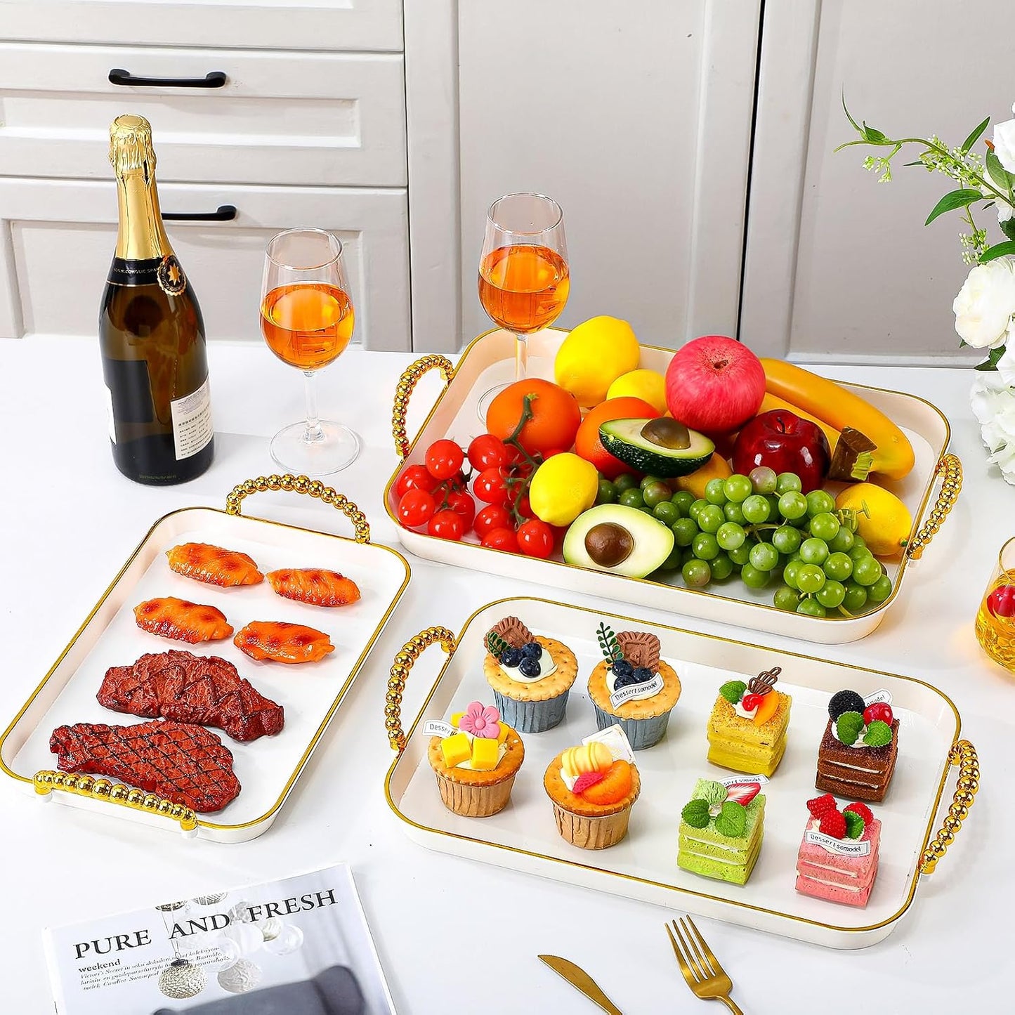 Rtteri Set of 6 Serving Platters with Handles 18.3/16.73/14.8 Inch Large Rectangular Trays, Reusable Pet Plastic for Entertaining, Dinner Parties, Weddings(Round Beads Handles,White)