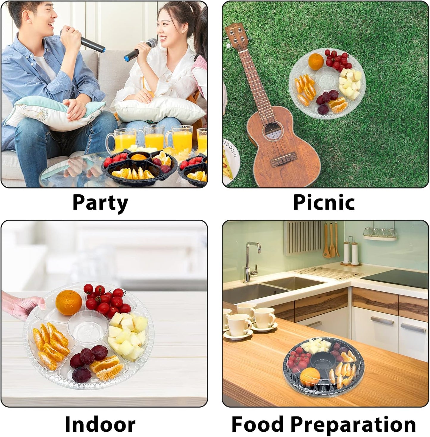 12Pcs Disposable Fruit Trays, Round Plastic Appetizer Serving Tray with Lid 5 Compartment Party Platters Divided Food Dip Containers for Snack Vegetable Salad Veggie Fruit Organizer-Black