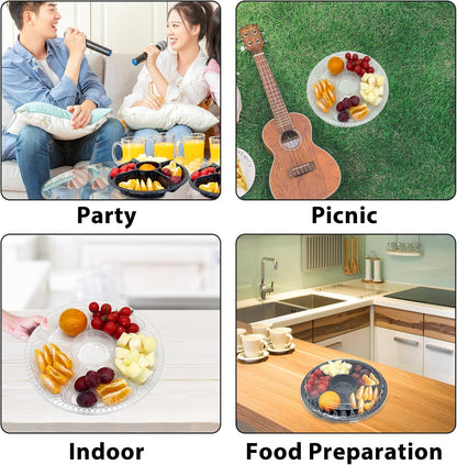 12Pcs Disposable Fruit Trays, Round Plastic Appetizer Serving Tray with Lid 5 Compartment Party Platters Divided Food Dip Containers for Snack Vegetable Salad Veggie Fruit Organizer-Black