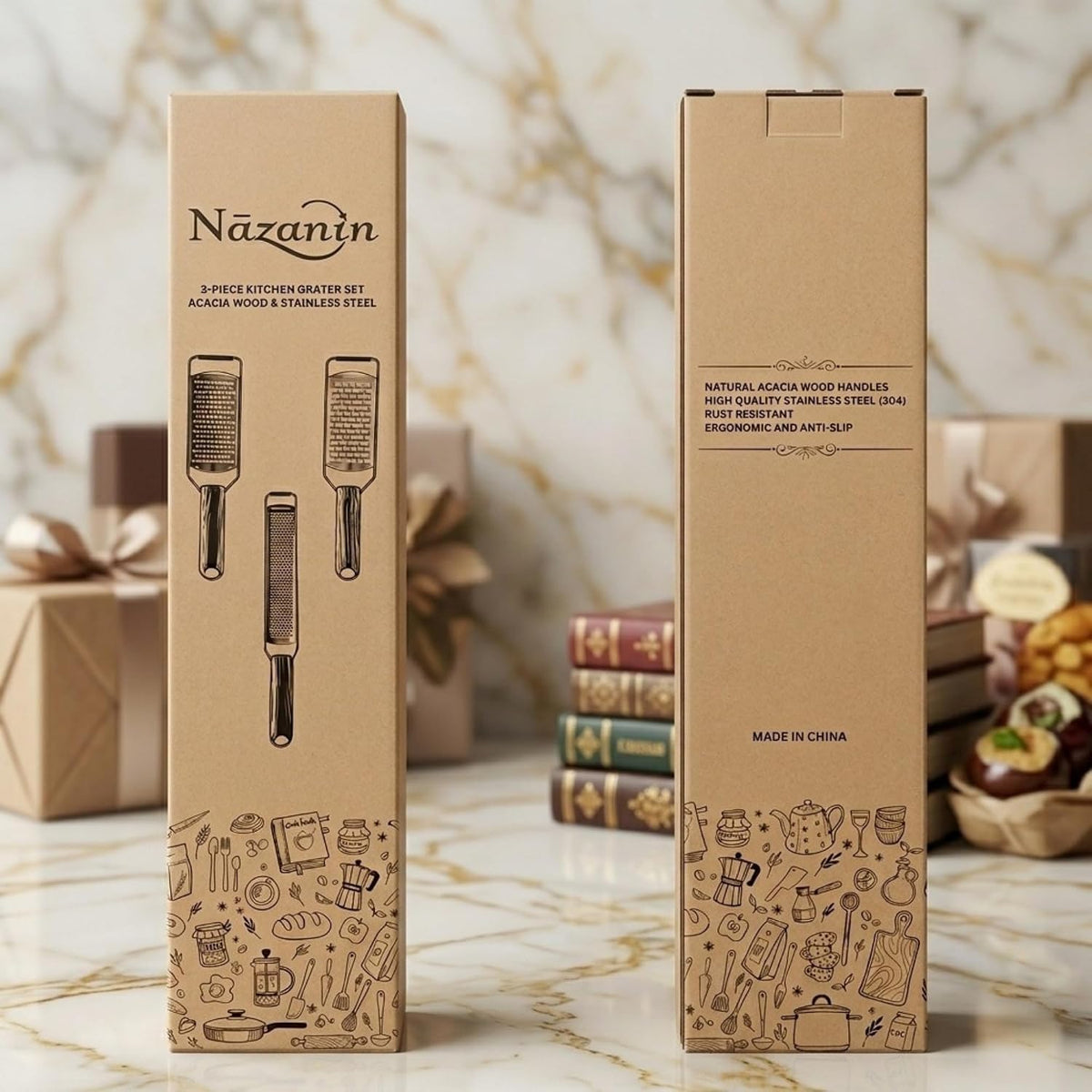 NAZANIN 3-Piece Stainless Steel Cheese Grater & Zester Set w/Acacia Wood Handles – For Parmesan, Lemon Zest, Ginger, and Spices