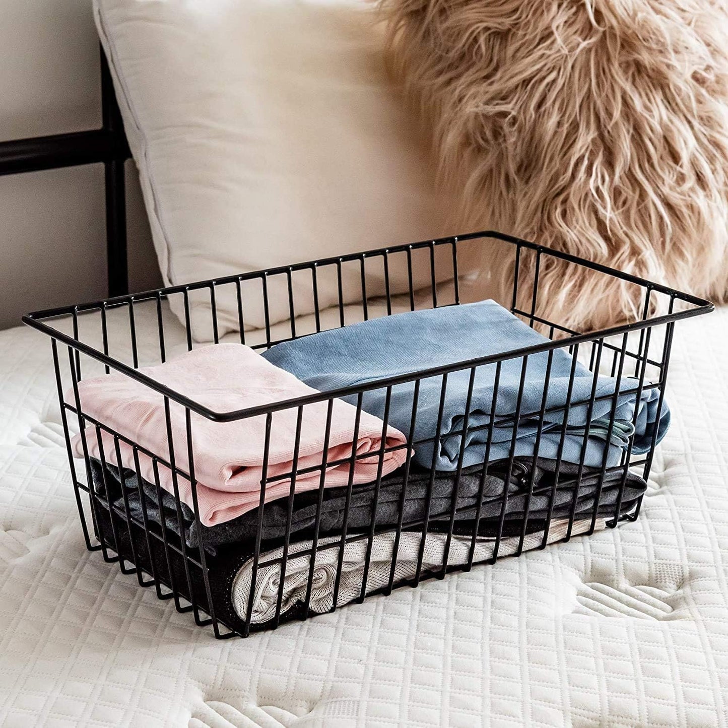 Slideep Wire Baskets Farmhouse Freezer Organizer Storage Bin Basket with Handles, Food Storage for Kitchen Cabinets, Pantry, Closet, Bedroom, Bathroom, Office 3 Pack