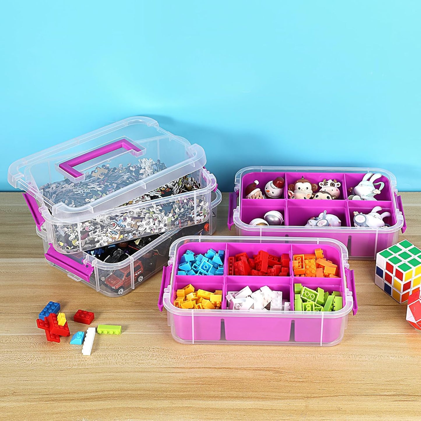 JUXYES 4-Tiers Plastic Stack Carry Storage Containers Box wih Handle Lids | Clear Stackable Latching Storage Bin With 2 Tray for School Office, Organizing Sewing, Art Craft, DIY Supplies, Blue