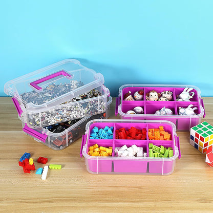 JUXYES 4-Tiers Plastic Stack Carry Storage Containers Box wih Handle Lids | Clear Stackable Latching Storage Bin With 2 Tray for School Office, Organizing Sewing, Art Craft, DIY Supplies, Blue