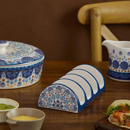 Bico Blue Talavera Ceramic Taco Holder, Taco Stand Rack Tray, Microwave and Dishwasher Safe