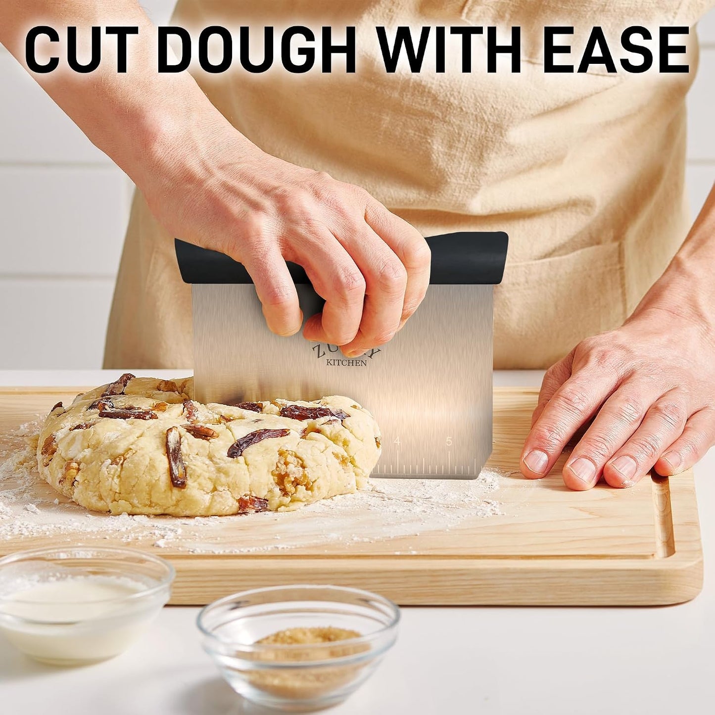 Zulay Premium Multi-purpose Stainless Steel Bench Scraper & Chopper, Easy to Read Etched Markings for Perfect Cuts, Quick & Easy Multi-use Dough Scraper, Dough Cutter & Pastry Scraper (Black)