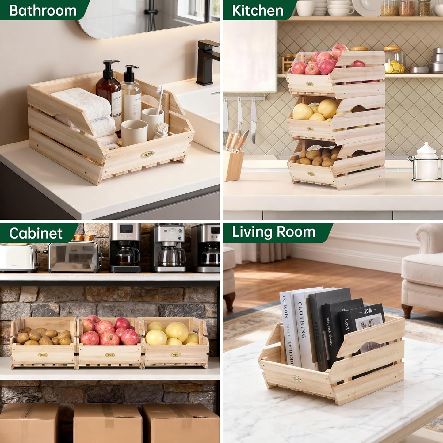 HABAU Wood Potato Onion Storage Bins - Wooden Stackable Produce Basket - Fruit Vegetable Storage for Kitchen Pantry Organization, Set 3 Pieces