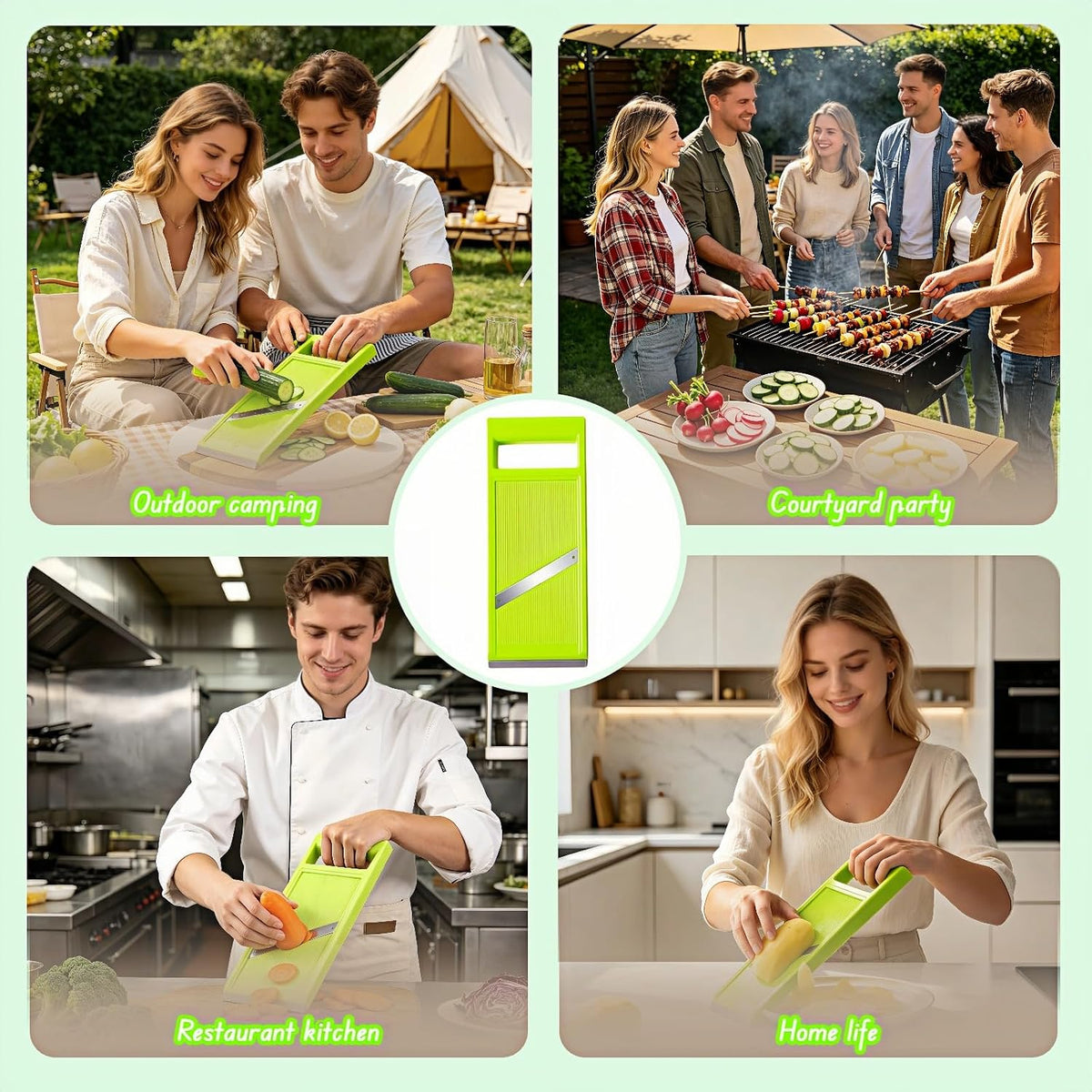 Handheld Potato Slicer & French Fry Cutter - Stainless Steel Vegetable Slicer for Homemade Fries, Carrots, Zucchini - Ergonomic Non-Slip Green Slicer 4.25x10.8in, Easy Clean