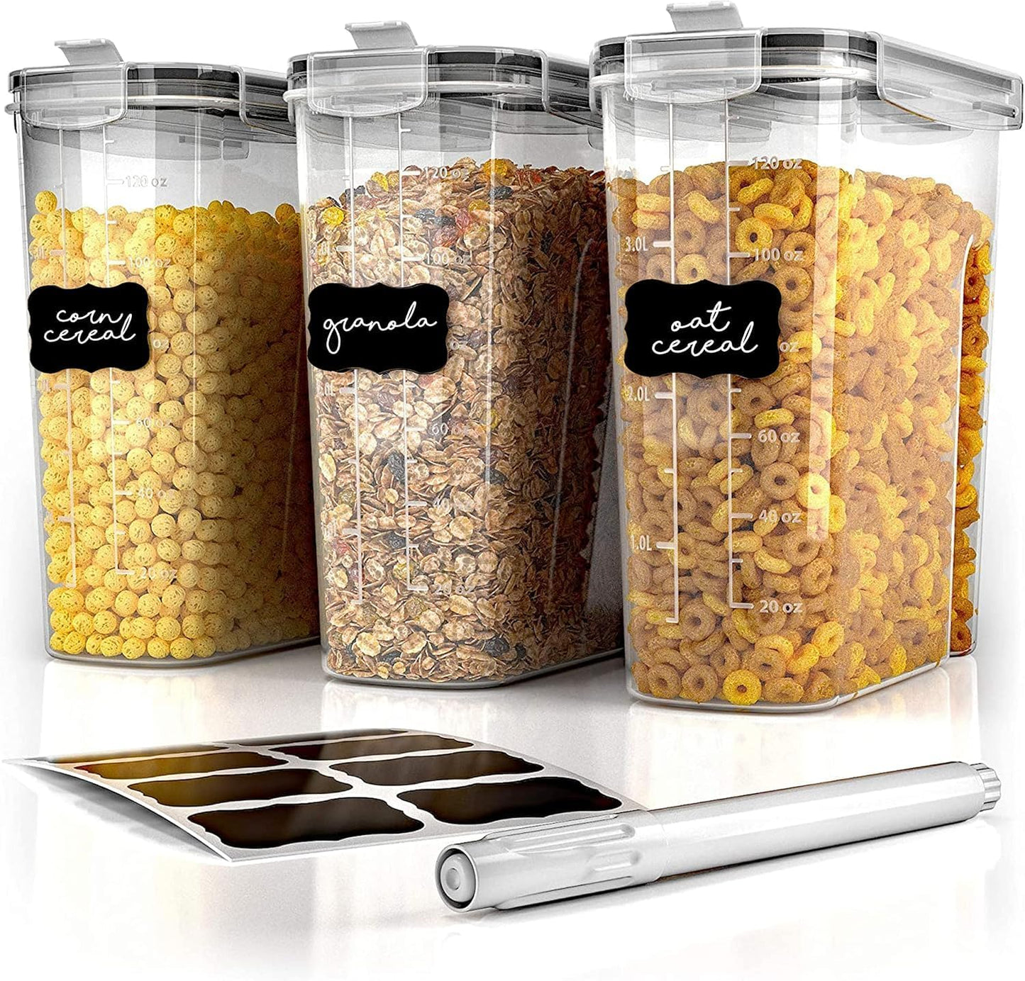 Simply Gourmet Airtight Flour and Sugar Containers with Lids – 3 Piece Kitchen Pantry Organization Set, BPA-Free Clear Plastic, Stackable Canisters for Baking Ingredients, Rice, Snacks, Cereal