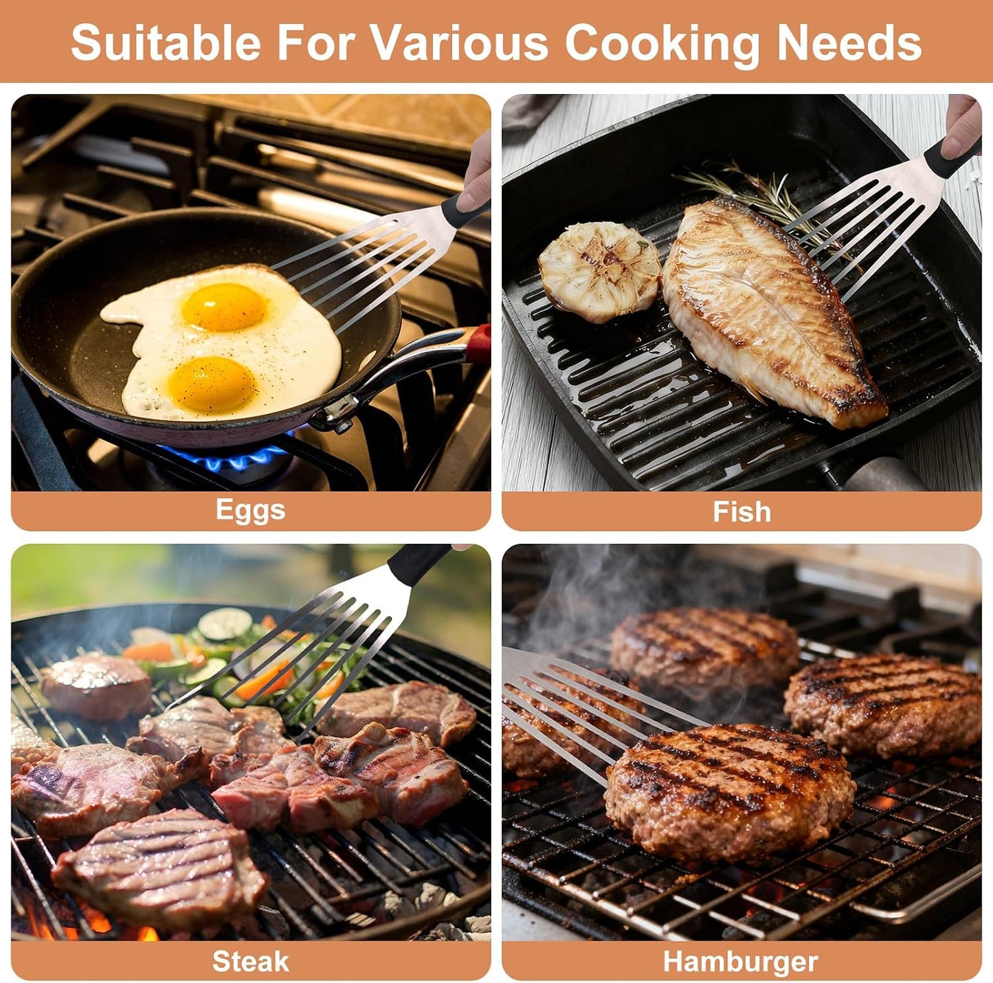 3-Piece Stainless Steel Fish Spatula Set, Metal Slotted Turners for Cast Iron Skillet, Griddle, Steak, Burgers, Eggs and Pancakes