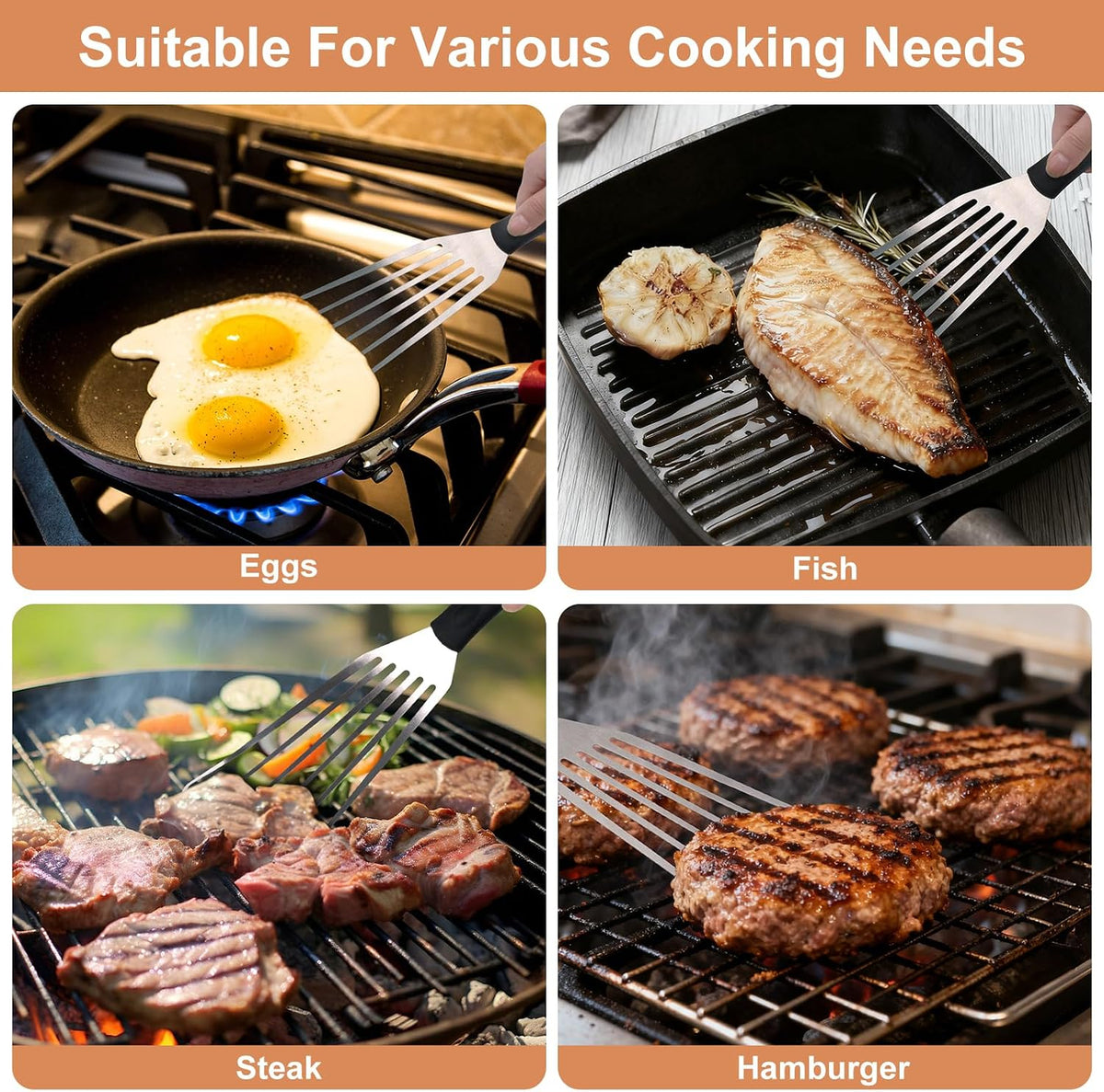 3-Piece Stainless Steel Fish Spatula Set, Metal Slotted Turners for Cast Iron Skillet, Griddle, Steak, Burgers, Eggs and Pancakes