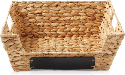 Casafield Set of 2 Water Hyacinth Pantry Baskets with Handles, Chalkboard Labels, and Marker - Espresso, Wide Woven Storage Bin Organizers for Kitchen Shelves