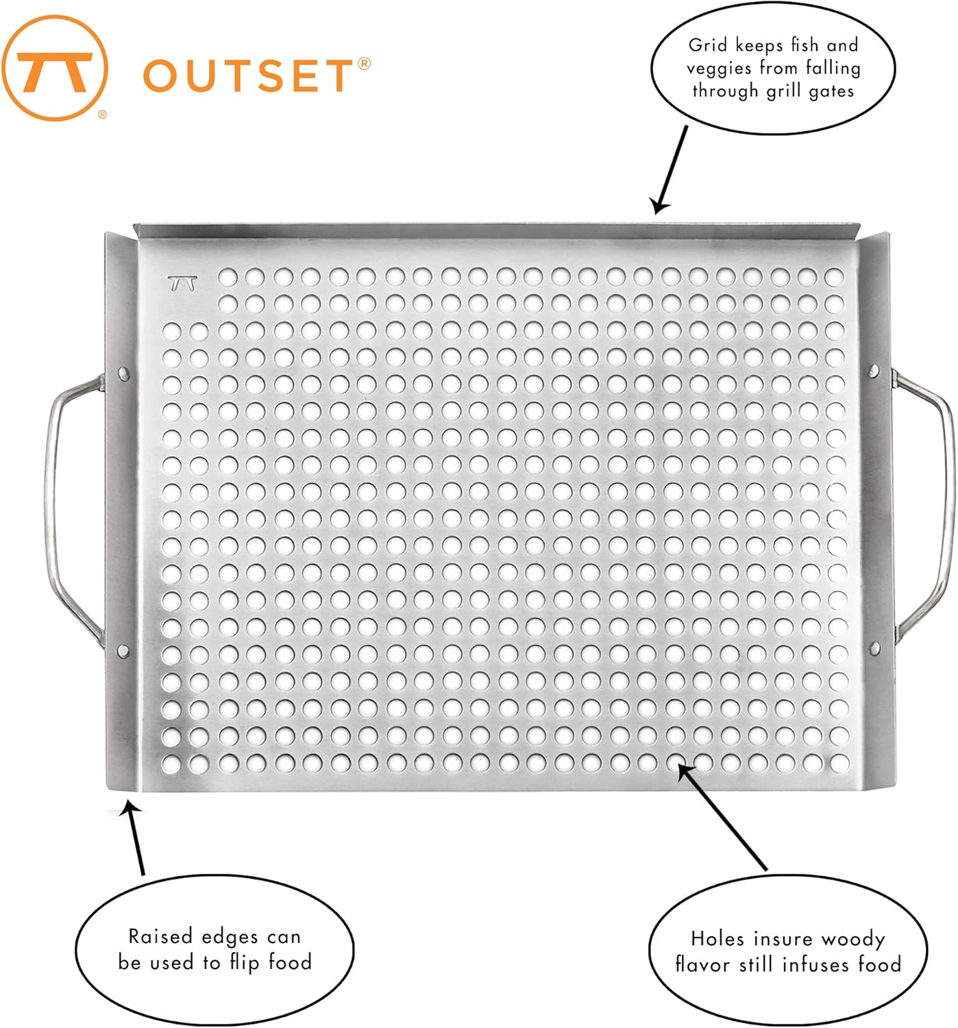 Outset 76631 Stainless Steel Grill Topper Grid, 11"x7" BBQ Pan With Handles