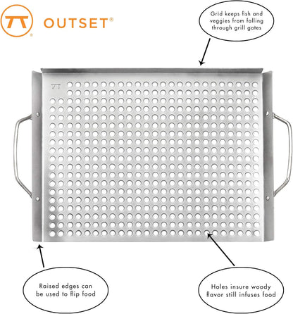Outset 76631 Stainless Steel Grill Topper Grid, 11"x7" BBQ Pan With Handles