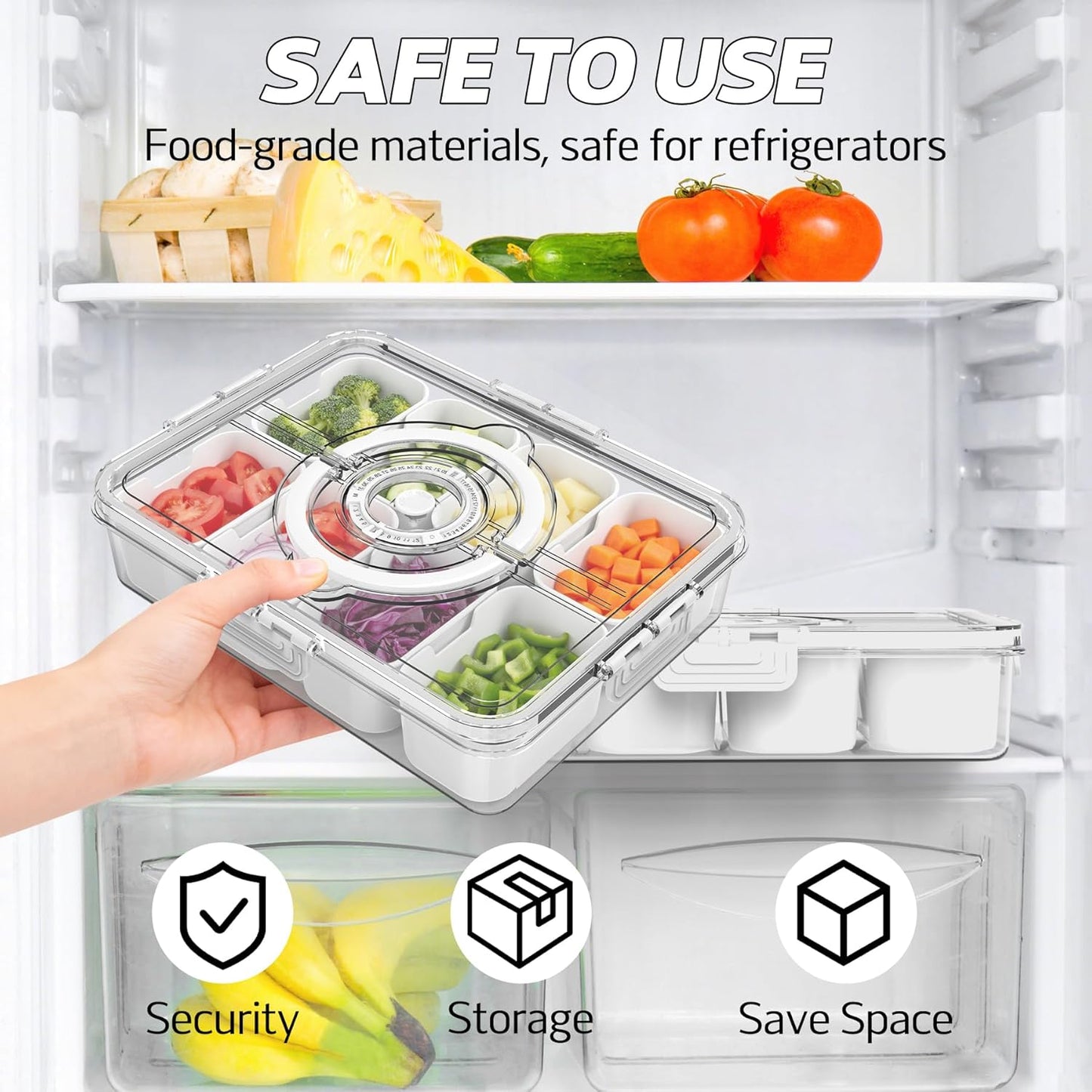Divided Serving Tray with Lid and Handle,Time Recording 8 Compartments Snackle Box Container - Charcuterie Board for Portable Snack Platters - Clear Organizer for Fruits Snacks,Perfect for Travel
