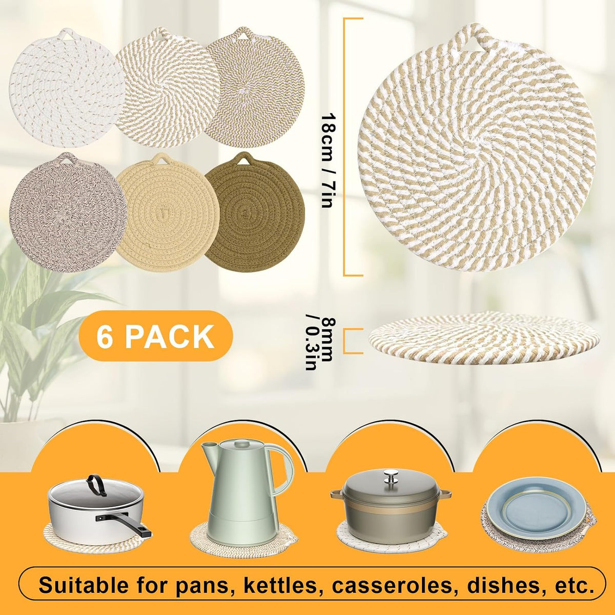 7" Trivets for Hot Dishes, 6 Pack Trivets for Hot Pots and Pans