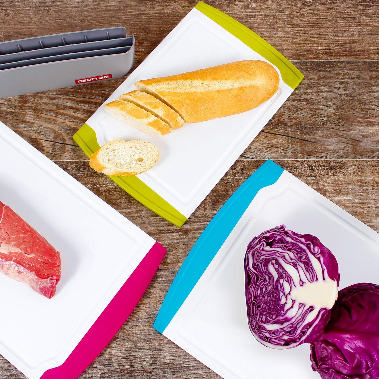Neoflam 2 Piece Plastic Cutting Board Set, Microban Protection, Stain & Odor Free, Extra Large, BPA Free, Juice Groove, Non Slip, Dishwasher Safe, Easy Grip Handle, White Green