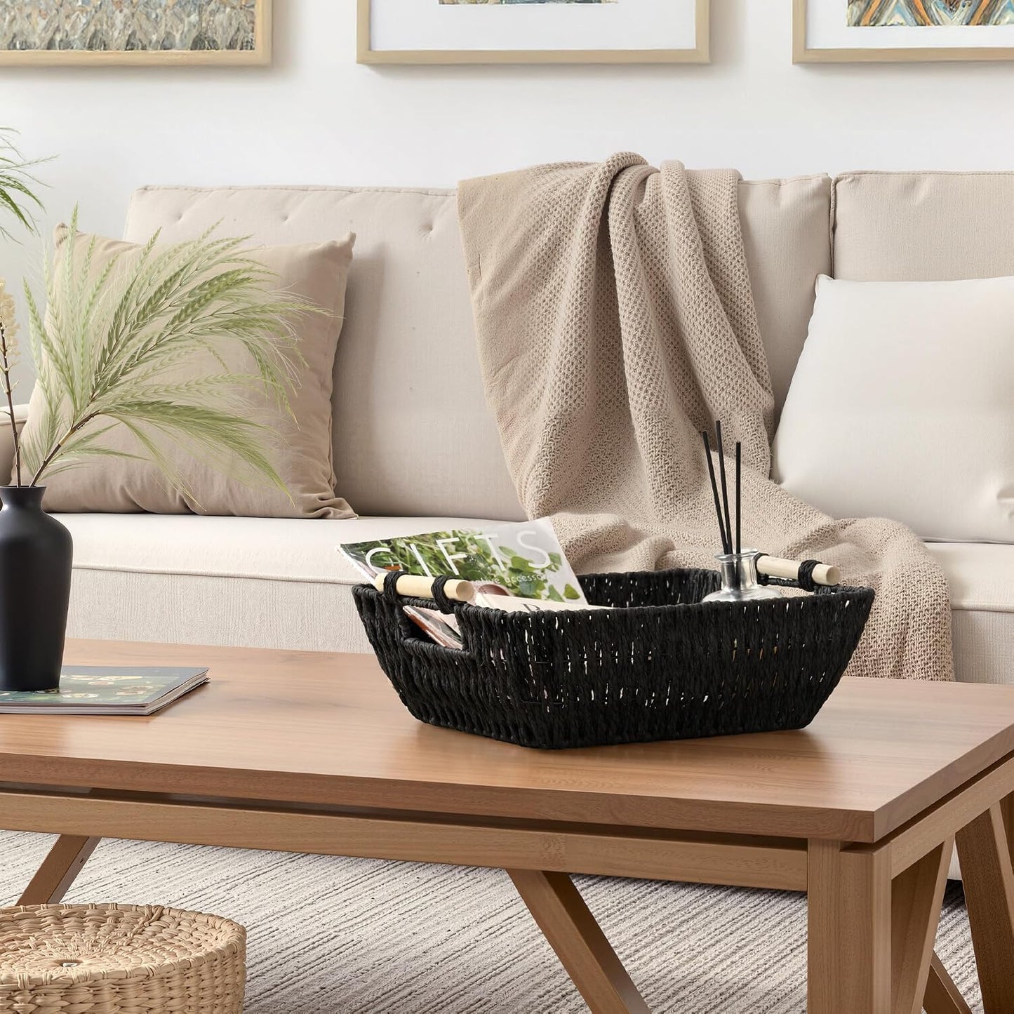 StorageWorks Hand-Woven Storage Baskets with Wooden Handles, Water Hyacinth Wicker Baskets for Organizing, 2 Pack