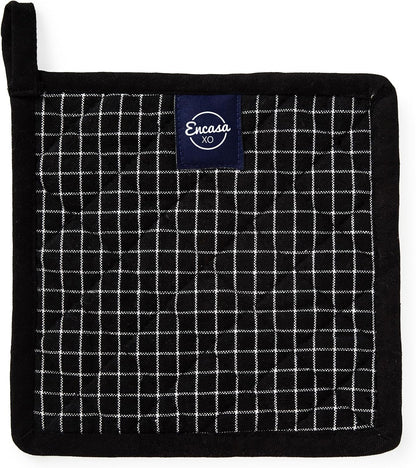 Encasa XO Pot Holders, Quilted Kitchen Hot Pads 8"x8" Black