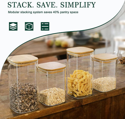LIBWYS 12-Pack Square Glass Storage Jars with Bamboo Lids (0.6Qt/1.06Qt) - Stackable Food Containers for Pantry Organization, Coffee, Flour, Snacks, Tea | Kitchen Canisters Set