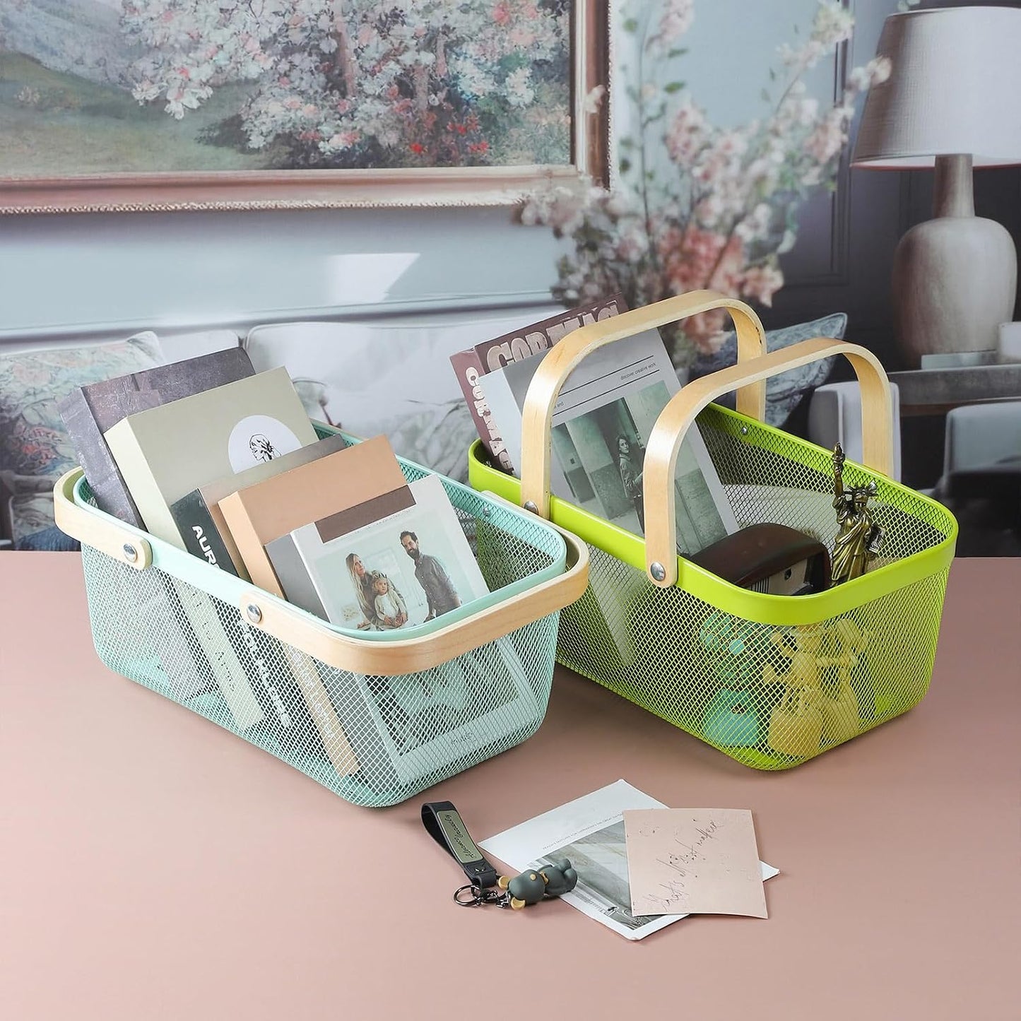Coloful Metal Mesh Wire Basket with Foldable Wooden Handle,Bin Garden Fruit Vegetable Storage Hanging Harvest Holder for Kitchen Bathroom Picnic (Yellowish Green, Cuboid-15.7 x 9.5 x 7.2“)