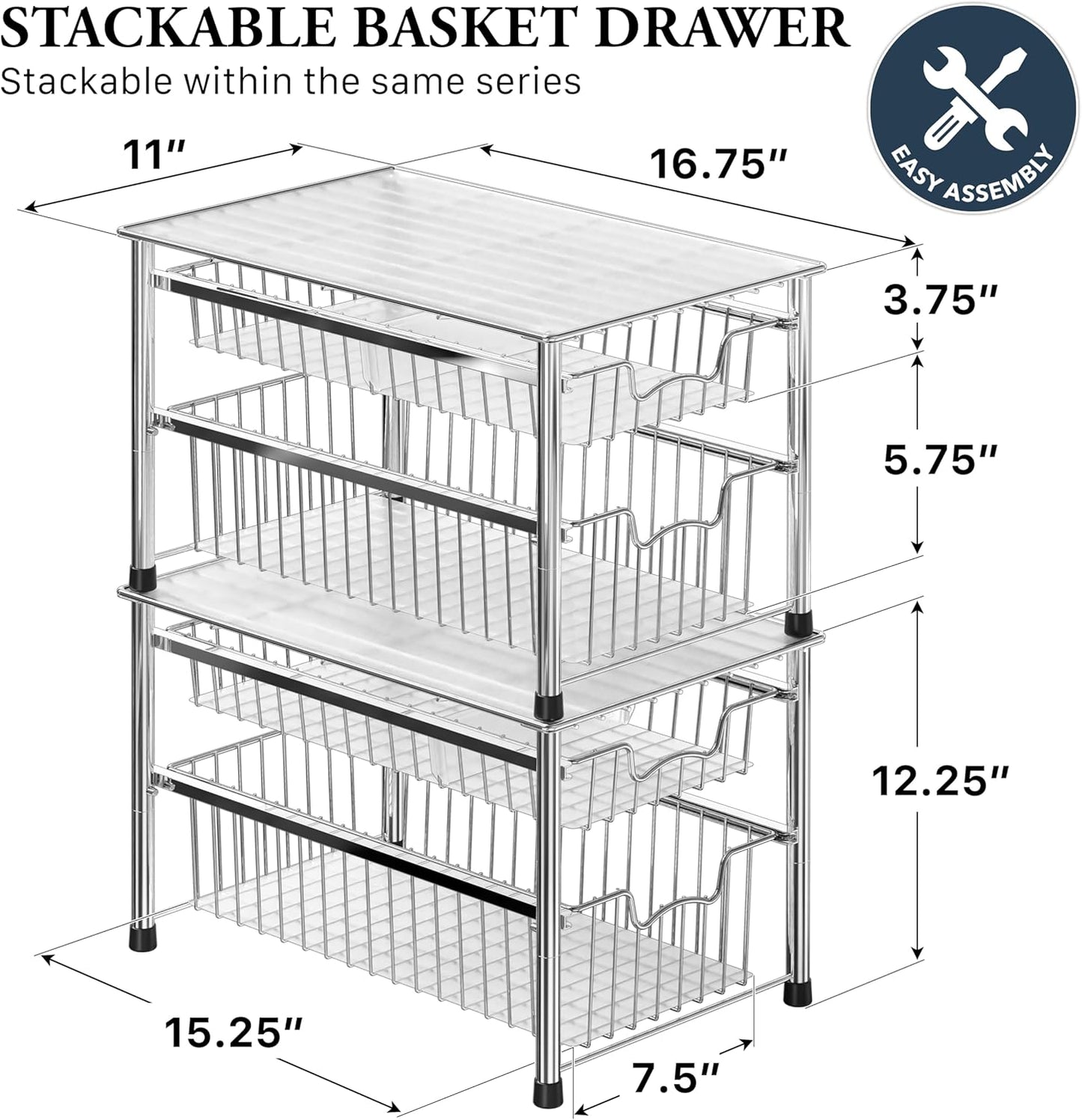 Simple Houseware Stackable Basket Drawer, Chrome