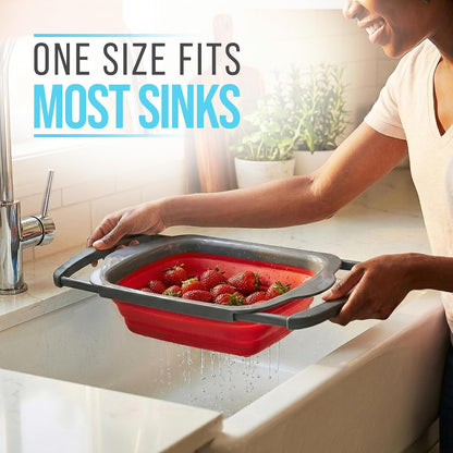 Comfify Coral XL Collapsible Silicone Over Sink Colander – 6 Quart | Coral; extends to 25" to span most sinks hands available; collapses flat; 6 Qt; heat resistant to 176°F; pasta, veg, fruit