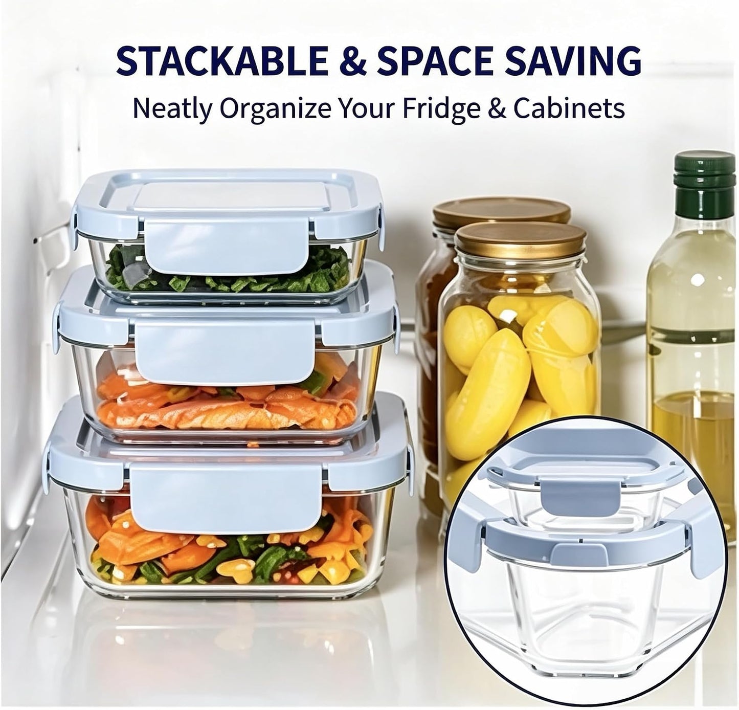 Glass Food Storage Containers with Lids, 3 Pack (14oz / 24oz / 36oz), Glass Meal Prep Containers, Airtight & Leak Proof Bento Boxes, Microwave Oven Freezer Safe Kitchen Storage Containers