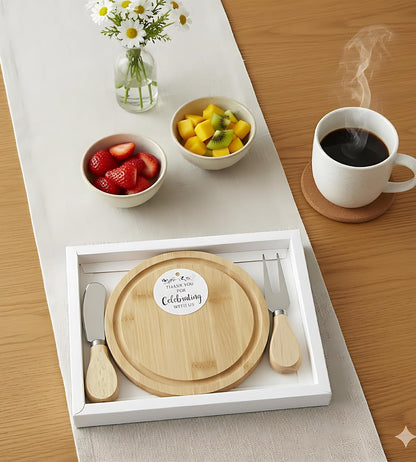 Upgraded storage-ready Small Cheese Board Set & Dessert Plate with Knife & Fork, 1-Pack 6-Inch Personal Charcuterie Tray, Bamboo, Gift-ready for Wedding, Bridal & Baby Shower Party