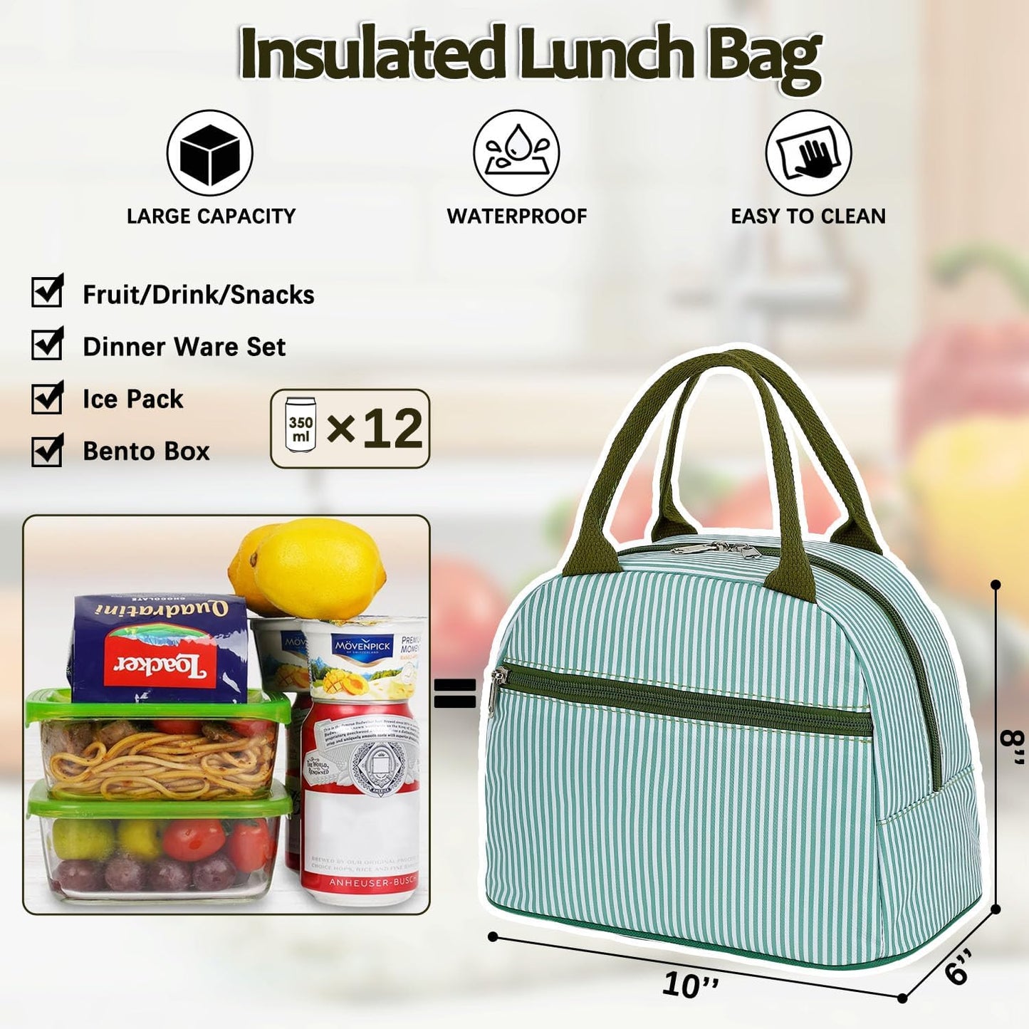 GYEUKHAM Lunch Bag Women, Lunch Box for Adult Men Kids Girls, Small Cute Lunchbox Tote Large Capacity Insulated Lunch Container Cooler for Work School Picnic Travel, Black White Stripes