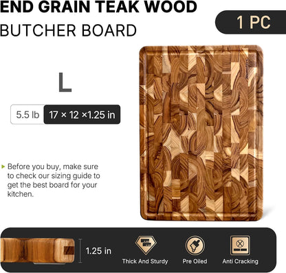Teak Wood End Grain Cutting Board Set of 2 with Non-slip Feet, Reversible Cutting Boards for Kitchen with Juice Grooves and Handles Non Toxic Chopping Board Butcher Block Serving Tray Kitchen Gift