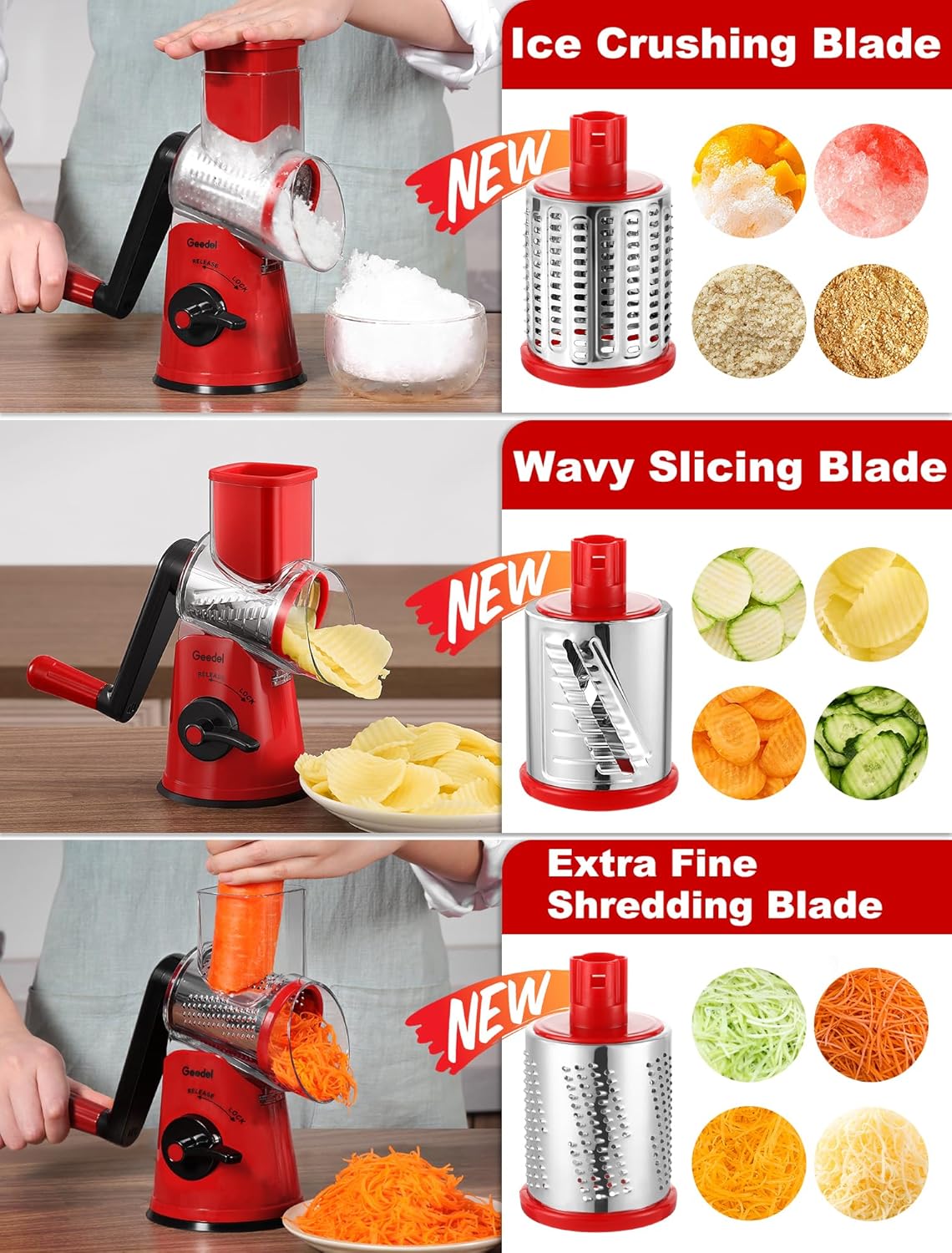 Geedel Rotary Cheese Grater, Kitchen Mandoline Vegetable Slicer with 3 Interchangeable Blades, Easy to Clean Rotary Grater Slicer for Cheese, Vegetables, Nuts