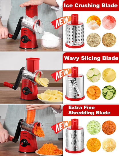 Geedel Rotary Cheese Grater, Kitchen Mandoline Vegetable Slicer with 3 Interchangeable Blades, Easy to Clean Rotary Grater Slicer for Cheese, Vegetables, Nuts