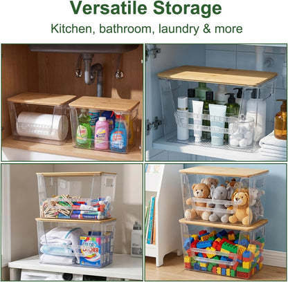 FUSHITON 2 Set Pantry Organizers with Bamboo Lids, Clear Storage Bins with Handles, U-Shaped Front Opening with Removable Stopper for Trash Bag Dispenser, Potato Onion Garlic Storage