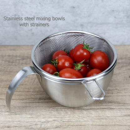 EIKS Stainless Steel Mixing Bowls with Strainers for Mixing Batter Egg Cream & Washing Draining Fruit Rice Beans Grains, Capacity of Bowl is 1000ml/1-Quart