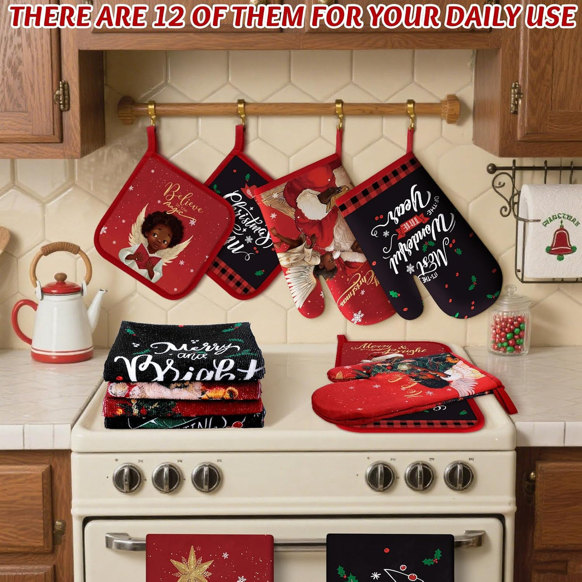SiliFine 12 Pcs Fall Pumpkin Kitchen Towels Oven Mitts Pot Holders Set