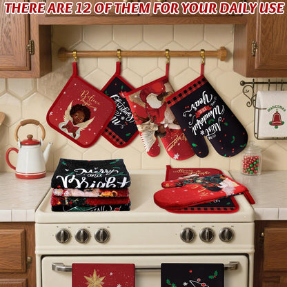 SiliFine 12 Pcs Fall Pumpkin Kitchen Towels Oven Mitts Pot Holders Set
