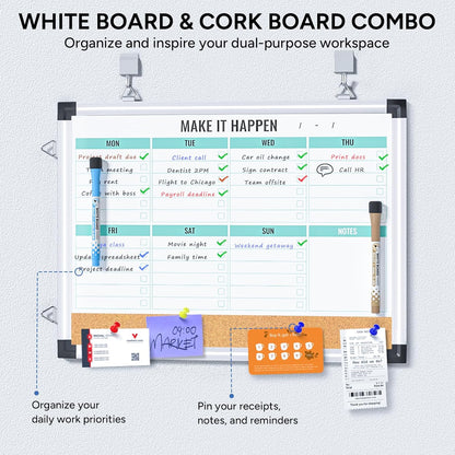 Marsrock Weekly Calendar Whiteboard and Cork Board Combo for Wall, 17"x13" Reversible Hanging Dry Erase Board, Double Sided White Board with Aluminum Frame for Planning, Office, Kitchen, School, Home