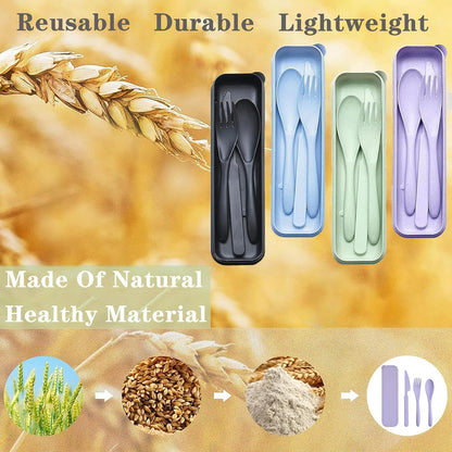 Reusable Travel Utensils Set with Case, 4 Sets Wheat Straw Portable Plastic Fork Spoons Knife Cutlery, Camping Eco-Friendly BPA Free Tableware for Kids Adults Work Picnic or Daily Use (Colorful)