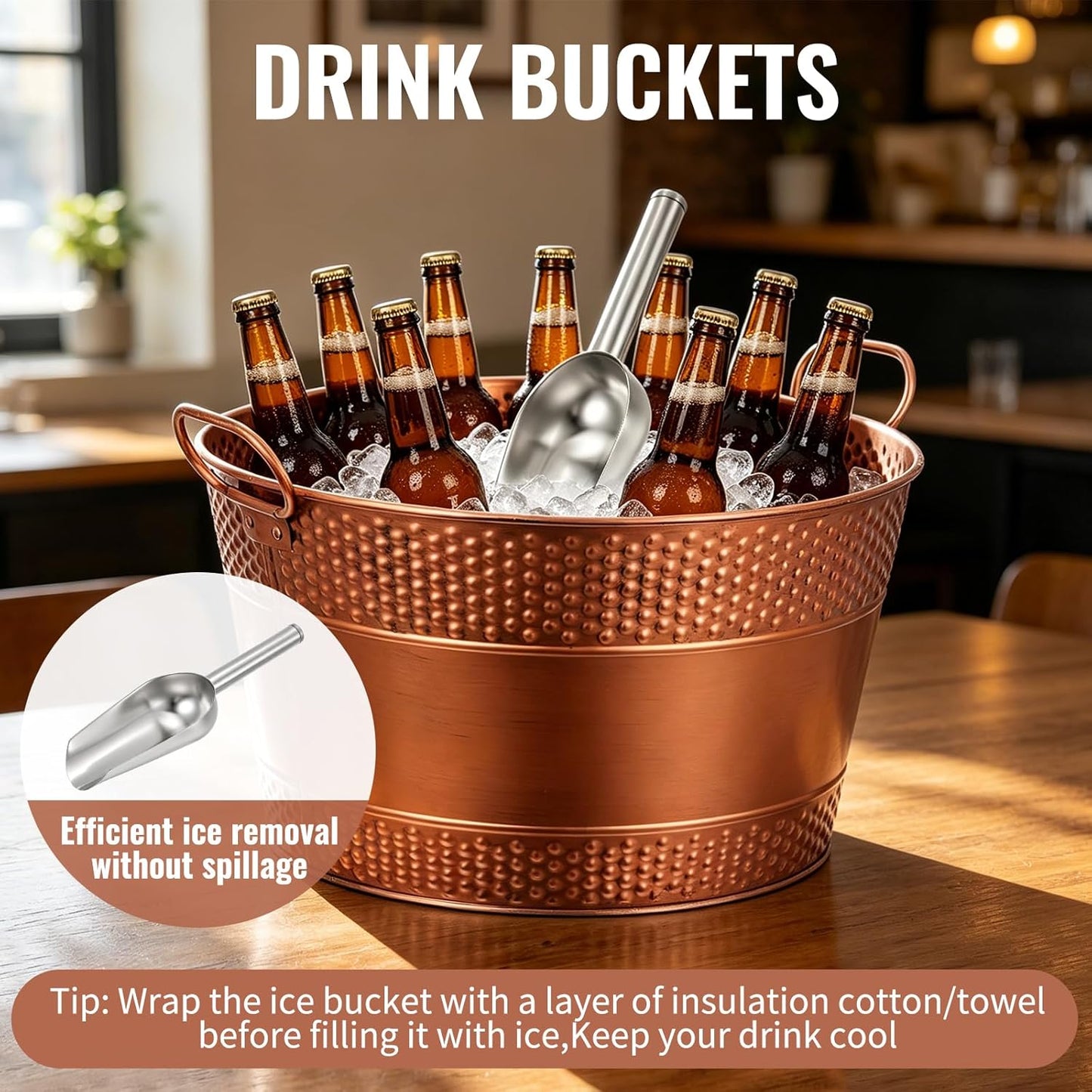 Galvanized Tub Ice Bucket, Retro Large Capacity Round Beverage Tub with Handles to Chill Drinks, Metal Galvanized Drink Buckets for Barbecue, Parties & Weddings