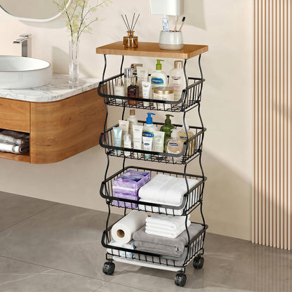 VECELO 4-Tier Fruit Basket with Wheels, Fruit and Vegetable Storage Cart for Kithchen, Stackable Produce Organizer Wire Baskets for Kitchen, Pantry, Living Room